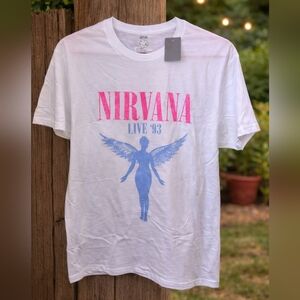 NIRVANA White Tee with Pink and Blue Graphic